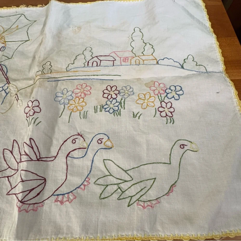 Yellow and Blue Tapestry with Tree Motif and Floral Elements